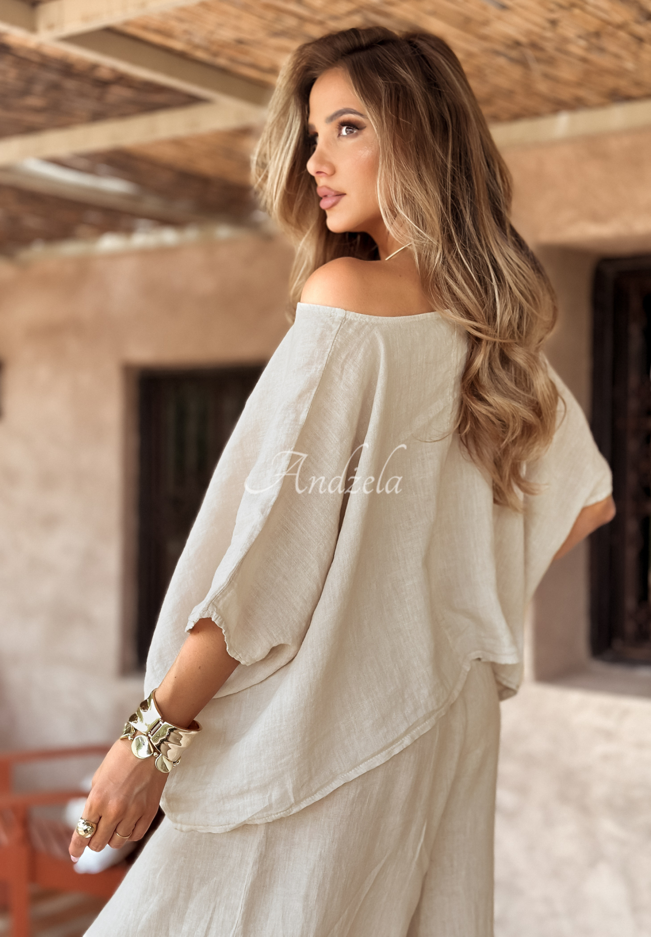 Lniany komplet bluzka i spodnie wide leg Desert Princess jasnobeżowy