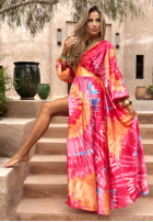 Wzorzysta sukienka Memorable Sunrise różowo-pomarańczowa