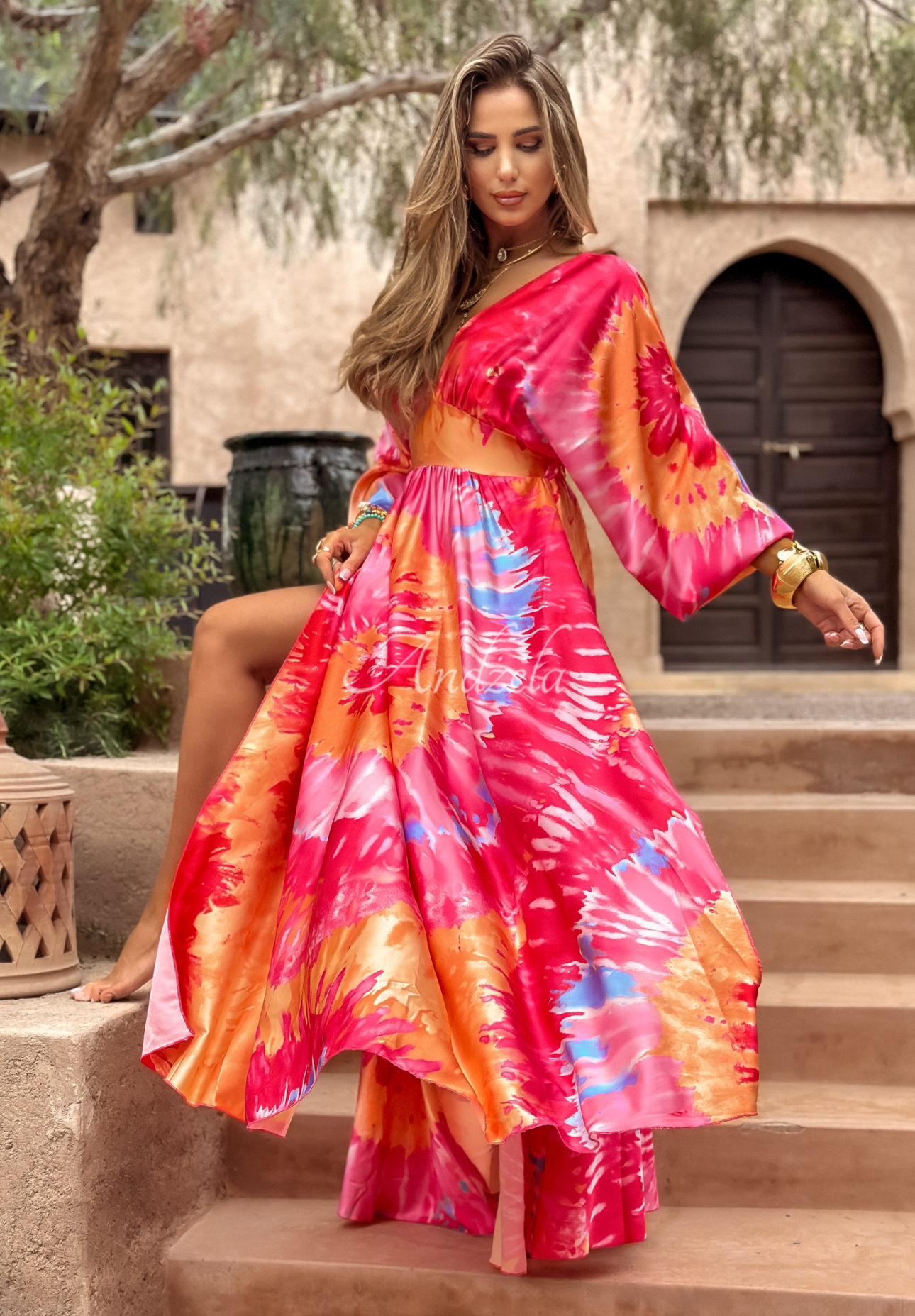 Desert Rose pink and orange satin patterned dress