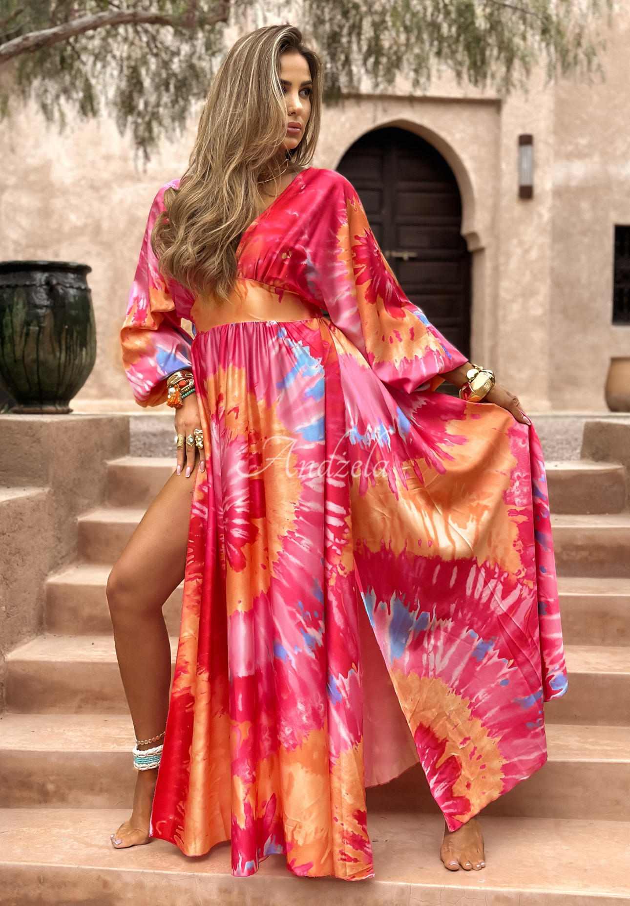 Desert Rose pink and orange satin patterned dress