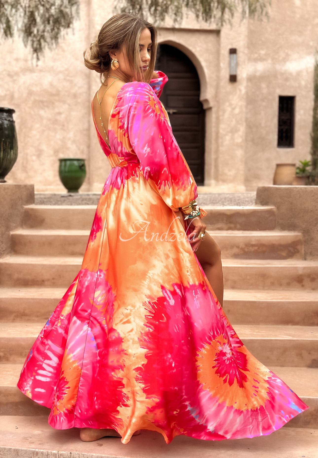 Desert Rose pink and orange satin patterned dress