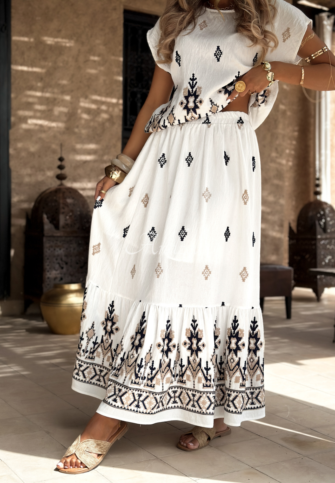 Viscose maxi skirt with boho embroidery Beautiful Destination white
