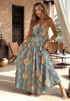 Wzorzysta sukienka maxi na ramiączkach Happy Summer żółto-niebieska