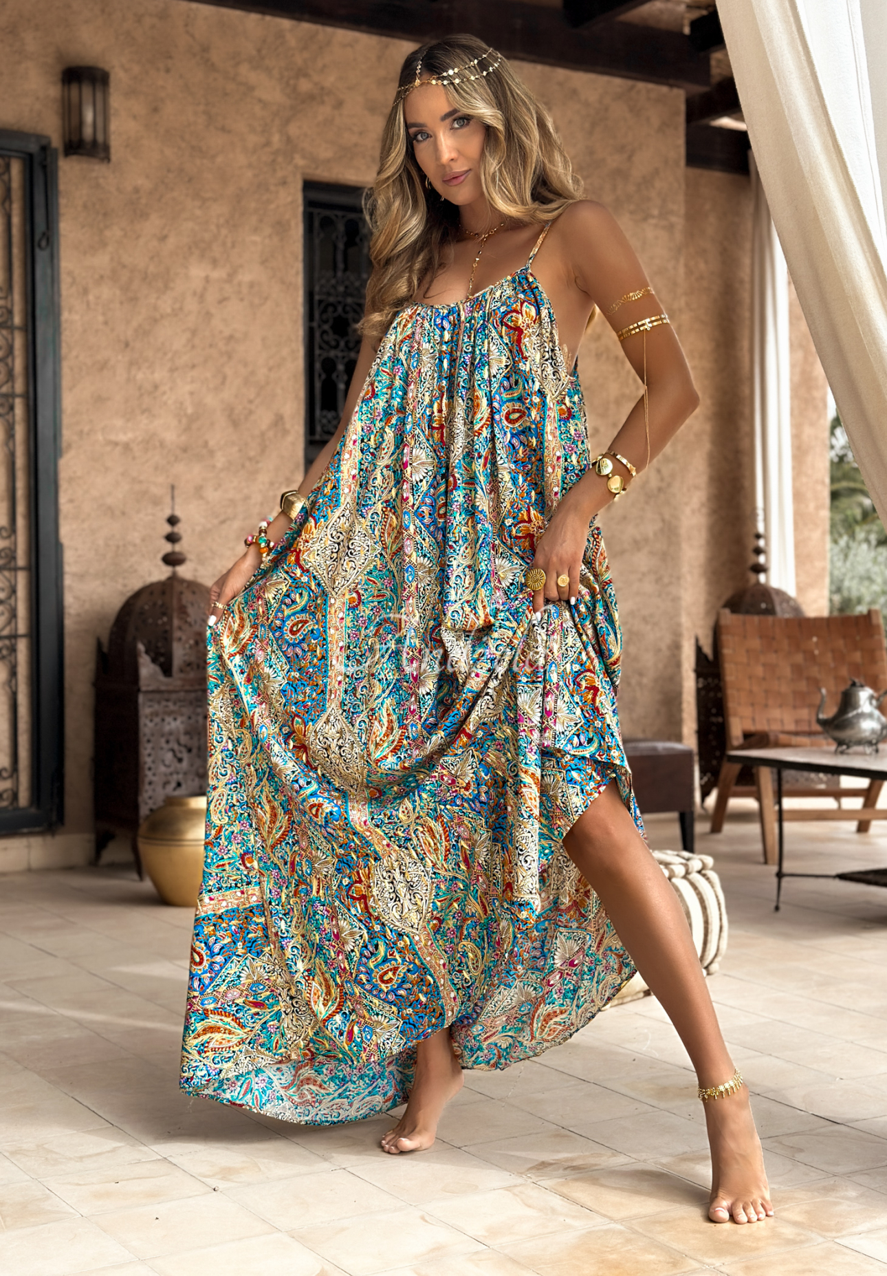 Strapless viscose maxi dress with patterns Happy Summer yellow and blue