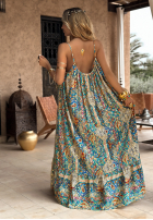 Wzorzysta sukienka maxi na ramiączkach Happy Summer żółto-niebieska