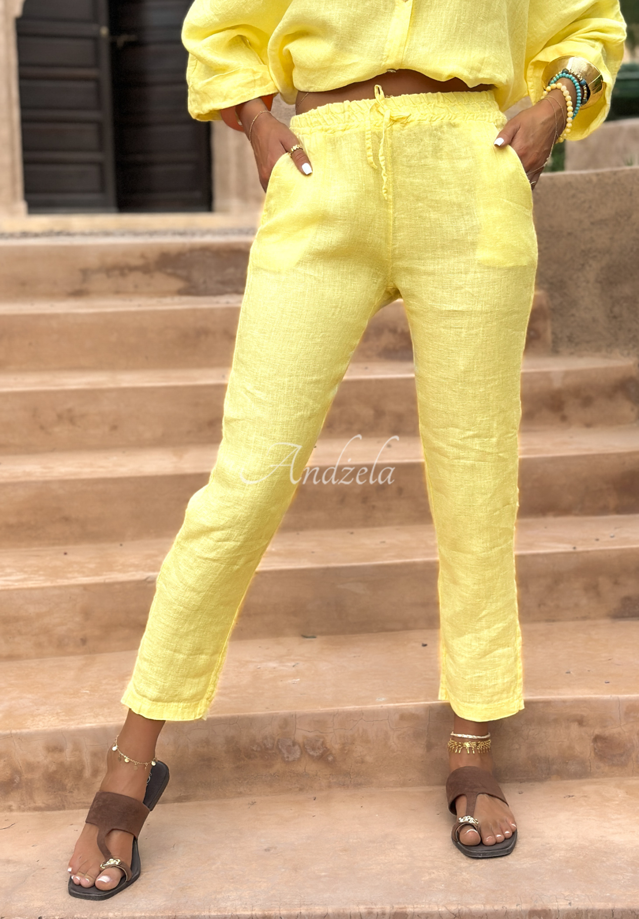 Linen pants with binding Summery Essentials banana