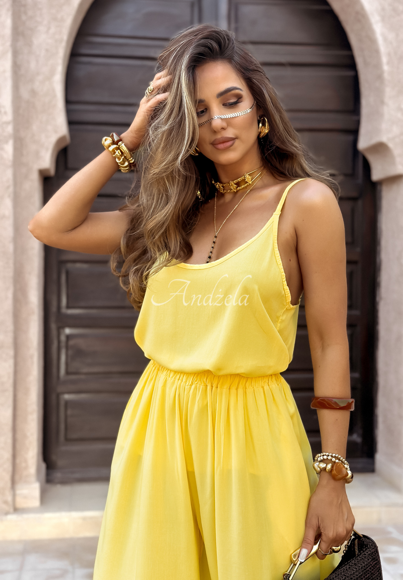 Wiskozowy komplet top i spodnie wide leg Summer Is My Favorite bananowy