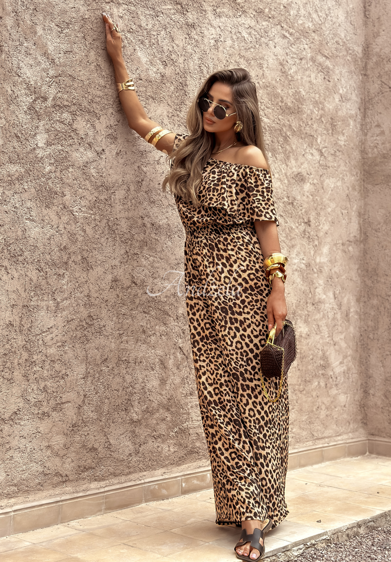 Secret Lagoons beige long panther spangled jumpsuit