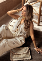 Spodnie wide leg z haftami boho Worth A Visit jasnobeżowe