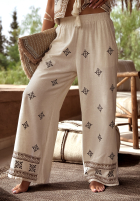Spodnie wide leg z haftami boho Worth A Visit jasnobeżowe