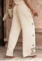 Spodnie wide leg z haftami boho Worth A Visit jasnobeżowe
