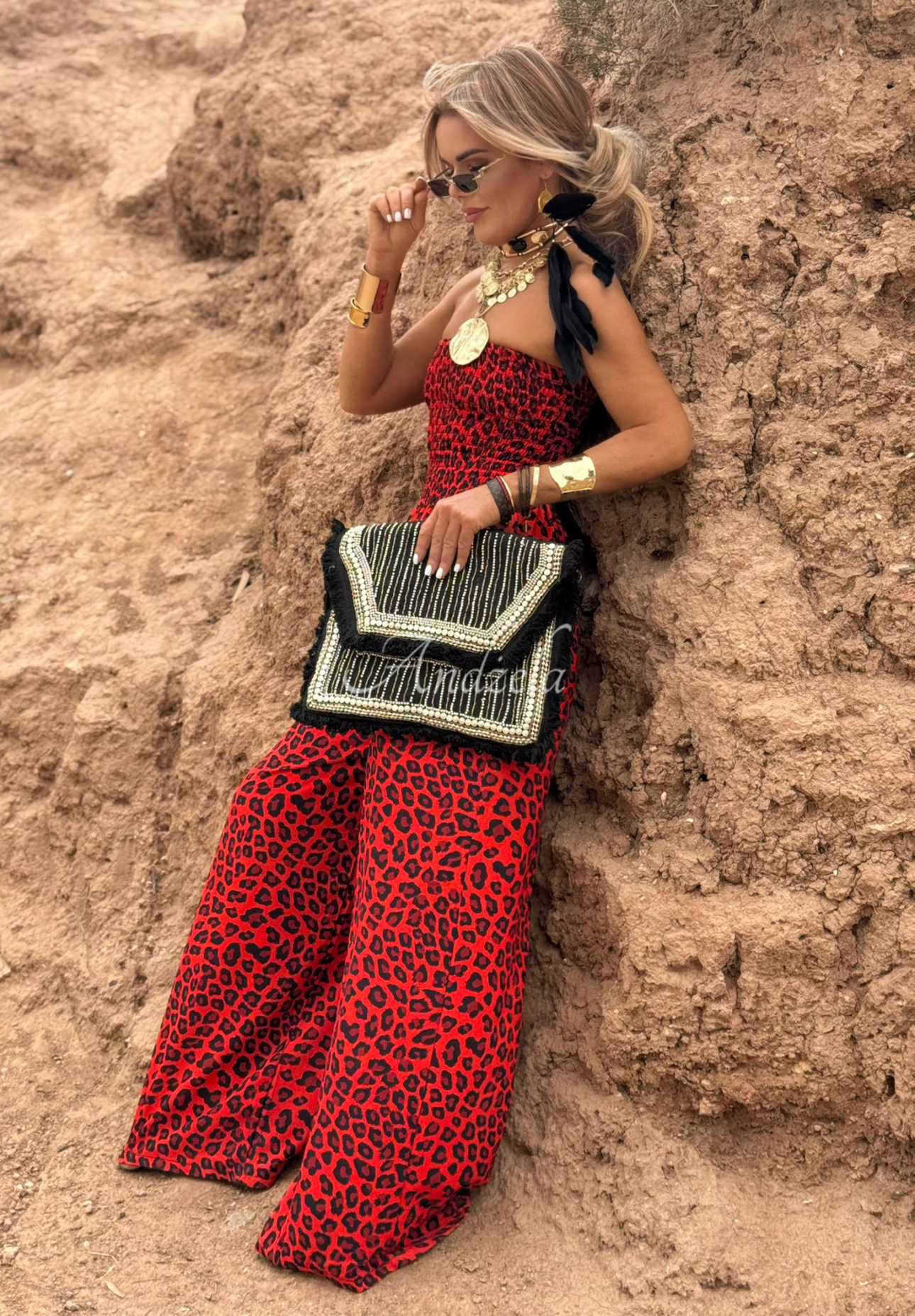 Long wide leg jumpsuit in leopard print Wild Fusion red