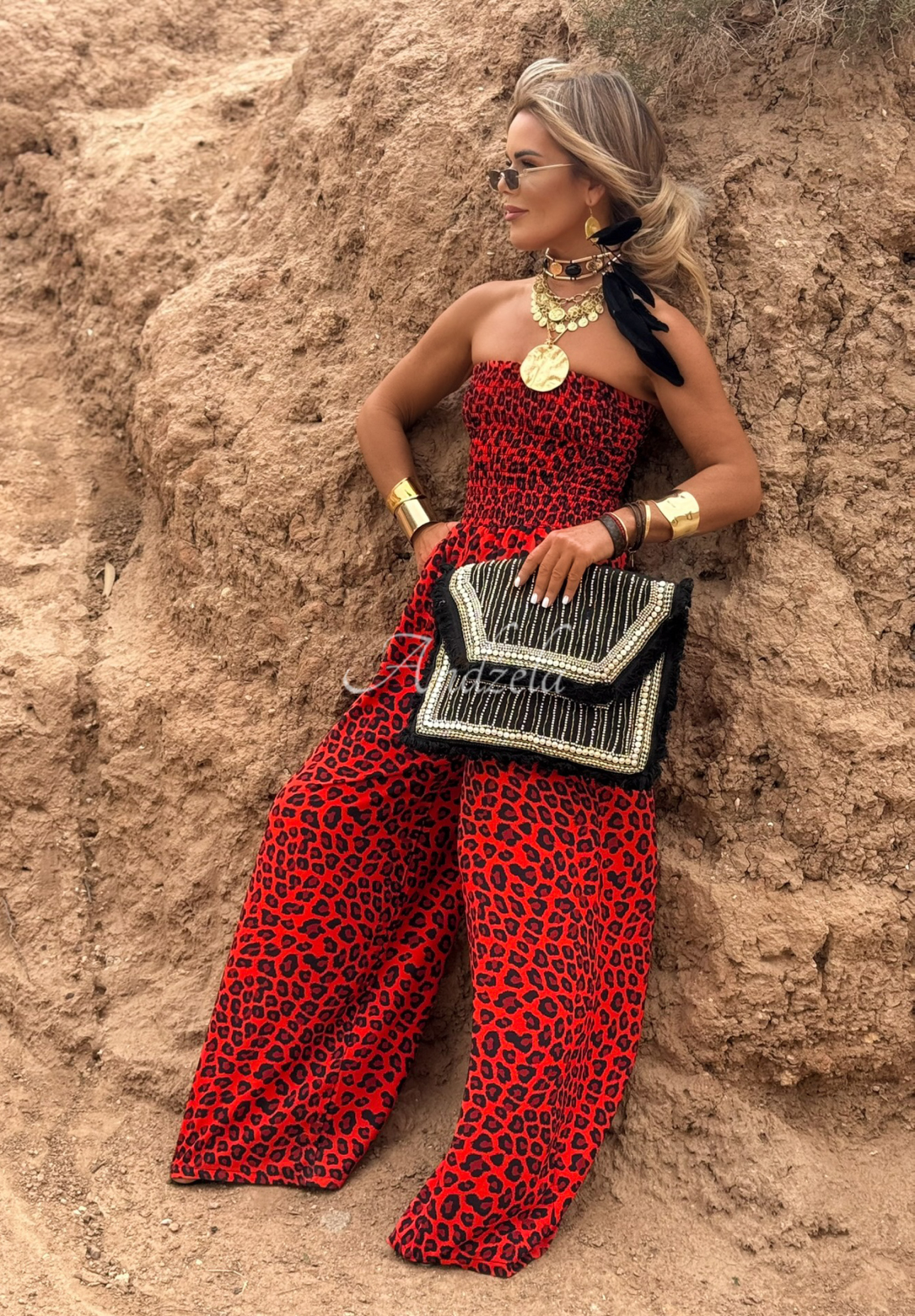 Long wide leg jumpsuit in leopard print Wild Fusion red