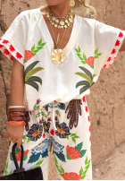 Komplet bluzka i spodnie wide leg we wzory Flowers & Palms jasnobeżowy