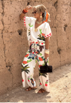 Komplet bluzka i spodnie wide leg we wzory Flowers & Palms jasnobeżowy