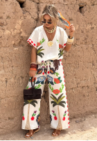 Komplet bluzka i spodnie wide leg we wzory Flowers & Palms jasnobeżowy