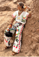 Komplet bluzka i spodnie wide leg we wzory Flowers & Palms jasnobeżowy