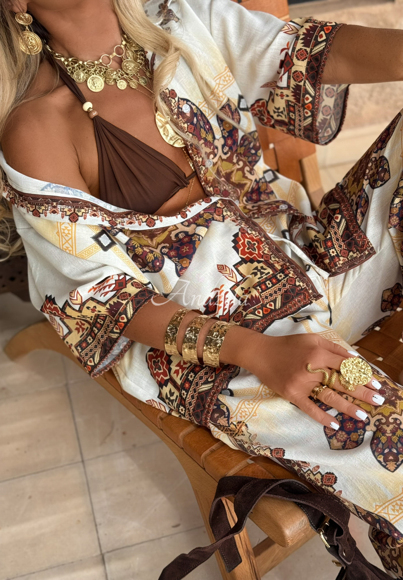 Piece Of Paradise beige patterned wide leg shirt and pants set