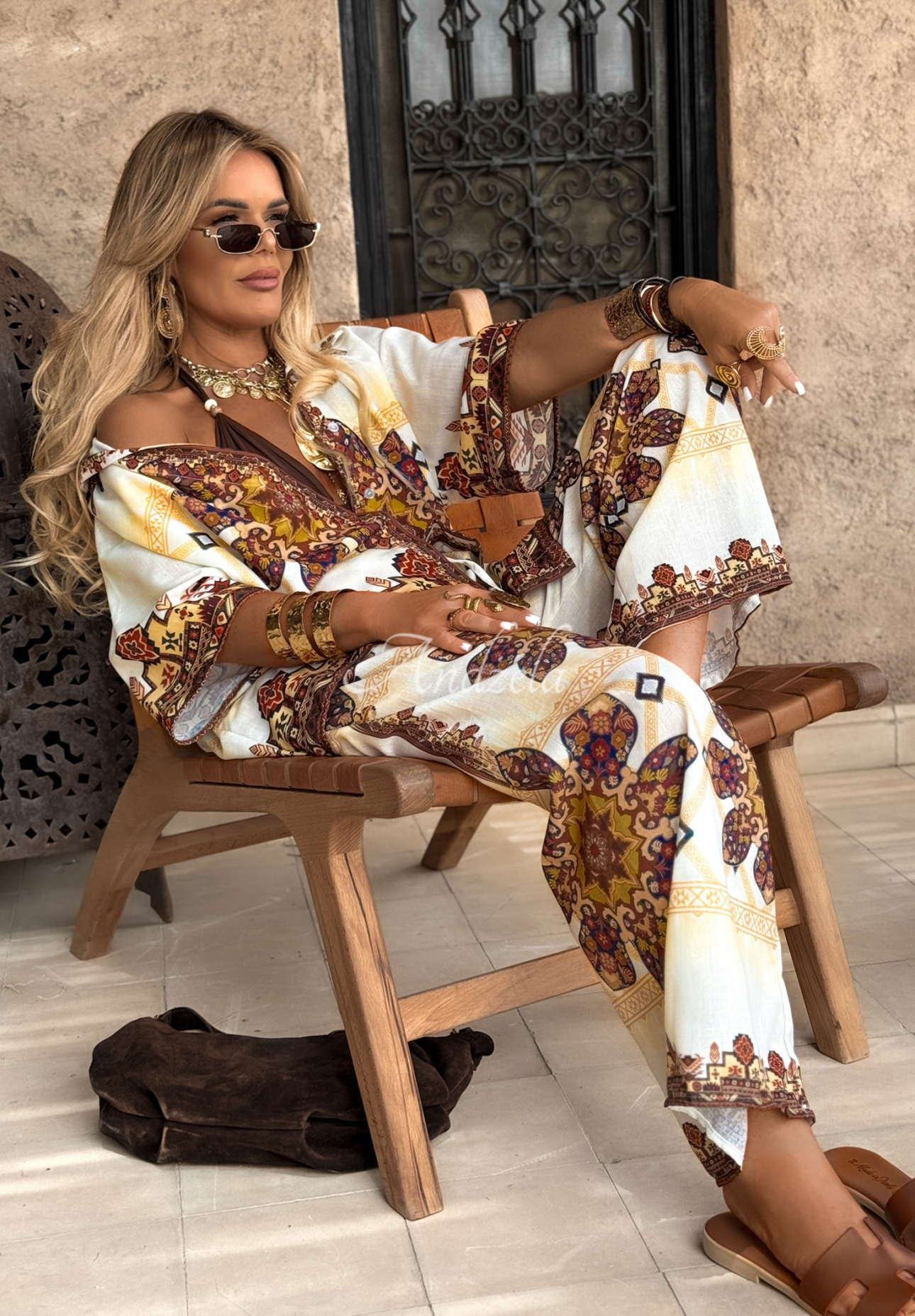 Piece Of Paradise beige patterned wide leg shirt and pants set
