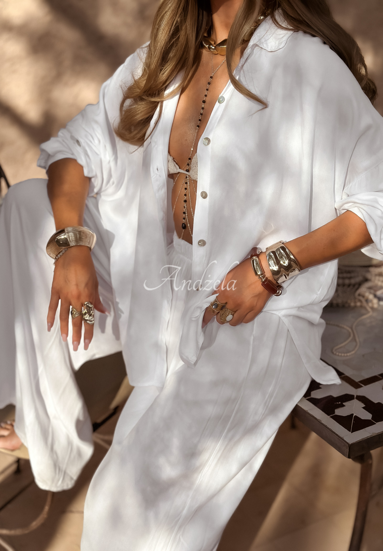 Viscose set wide leg shirt and pants Summer Skies white