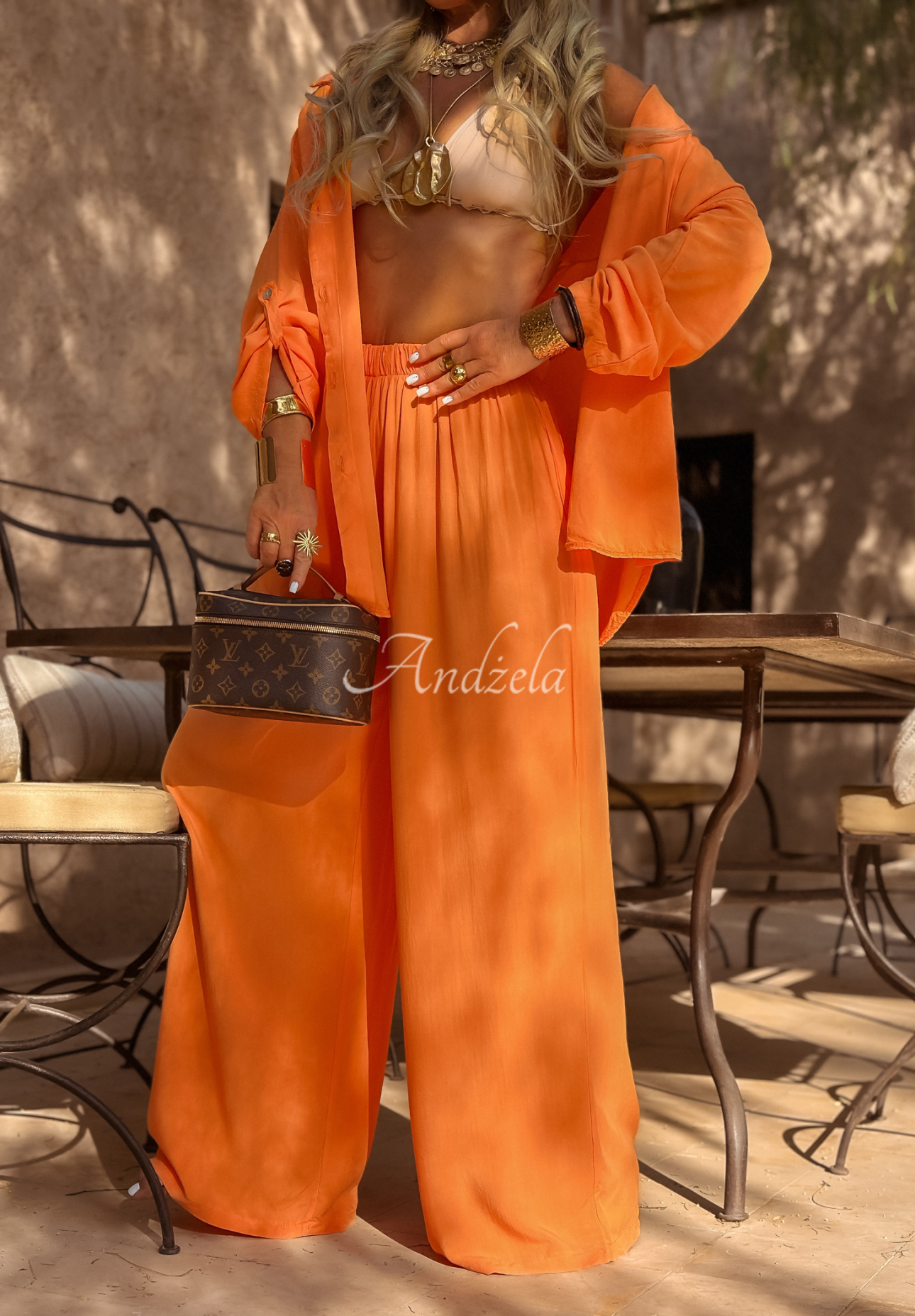 Viscose set wide leg shirt and pants Summer Skies orange