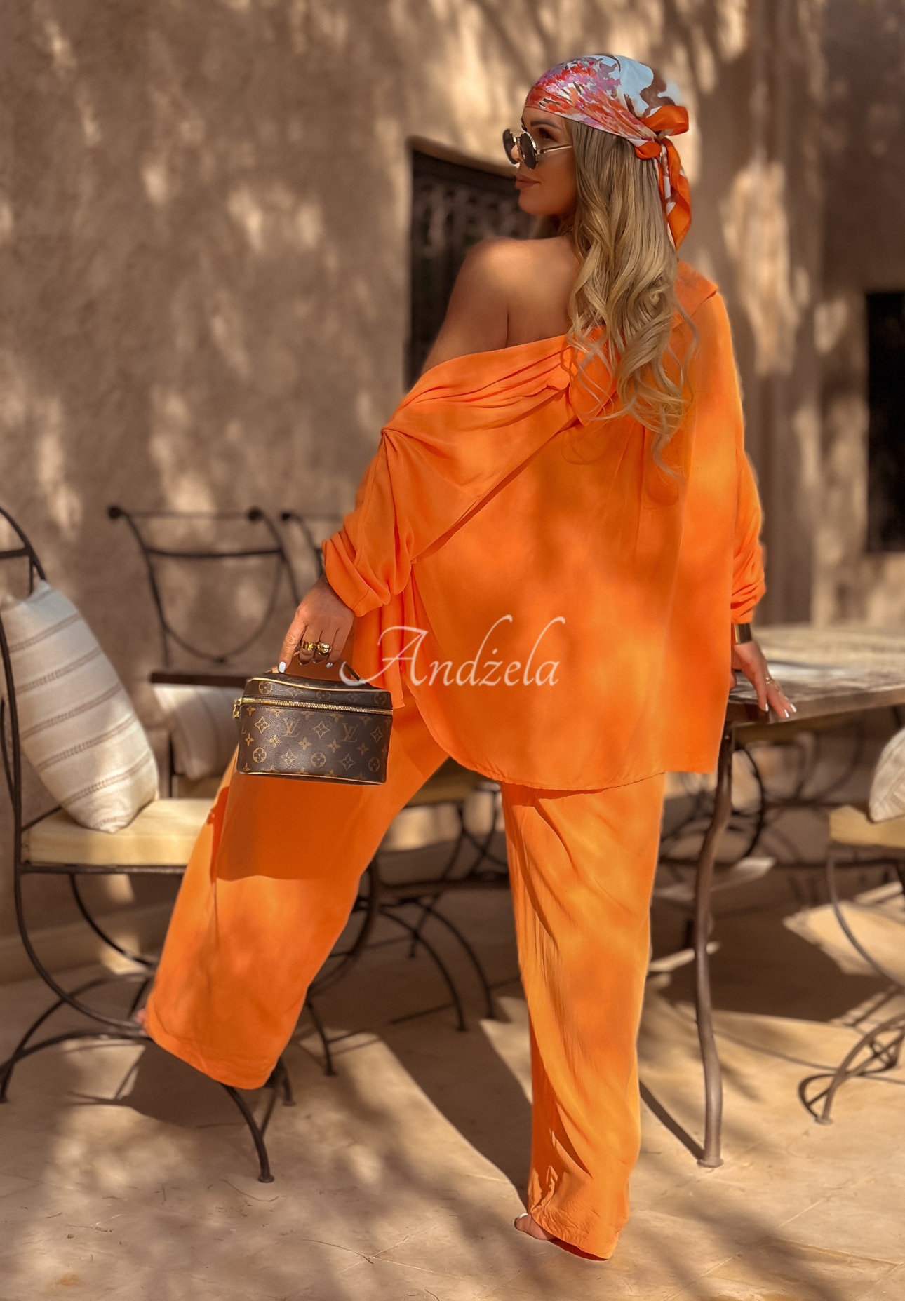 Viscose set wide leg shirt and pants Summer Skies orange