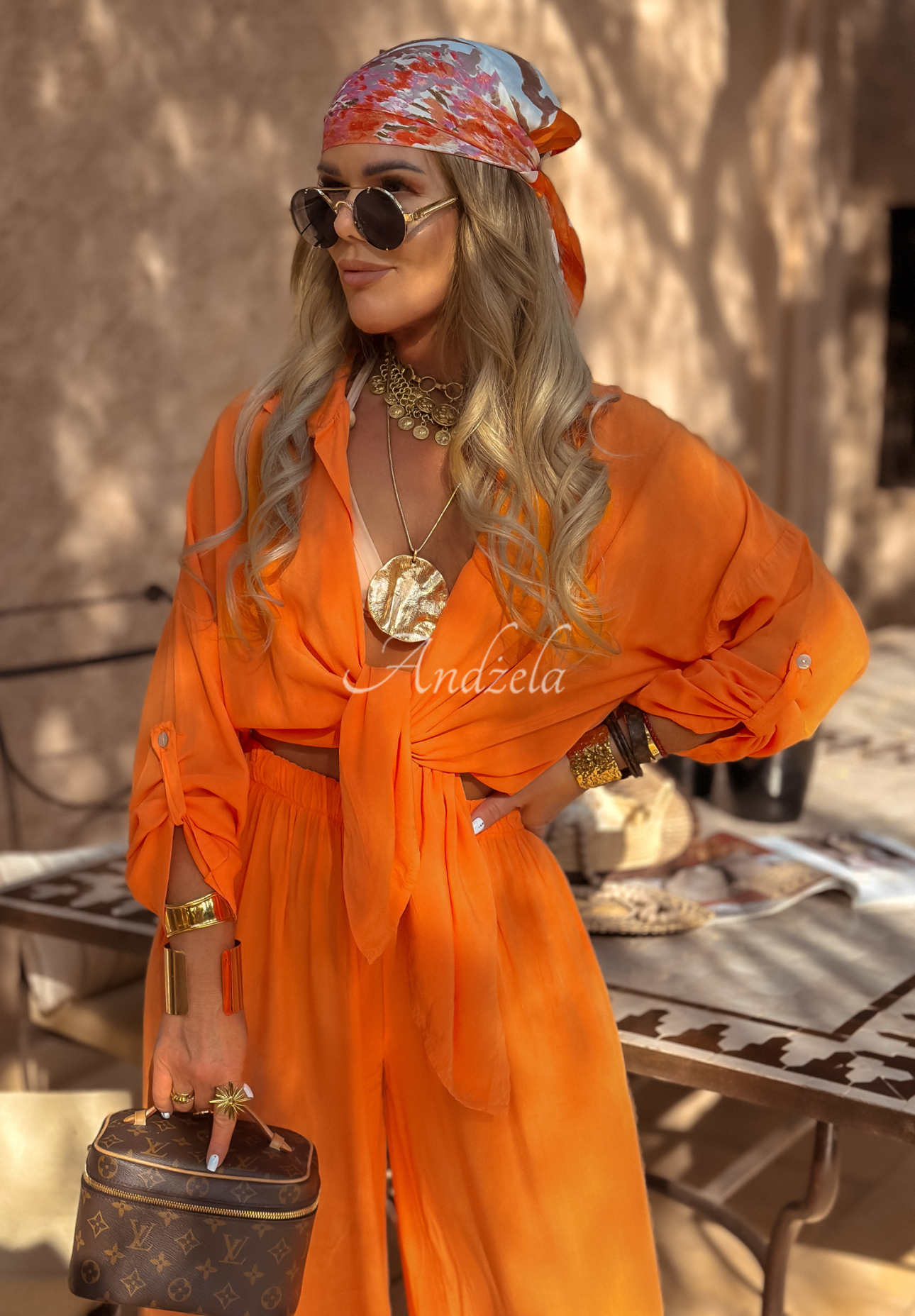 Viscose set wide leg shirt and pants Summer Skies orange