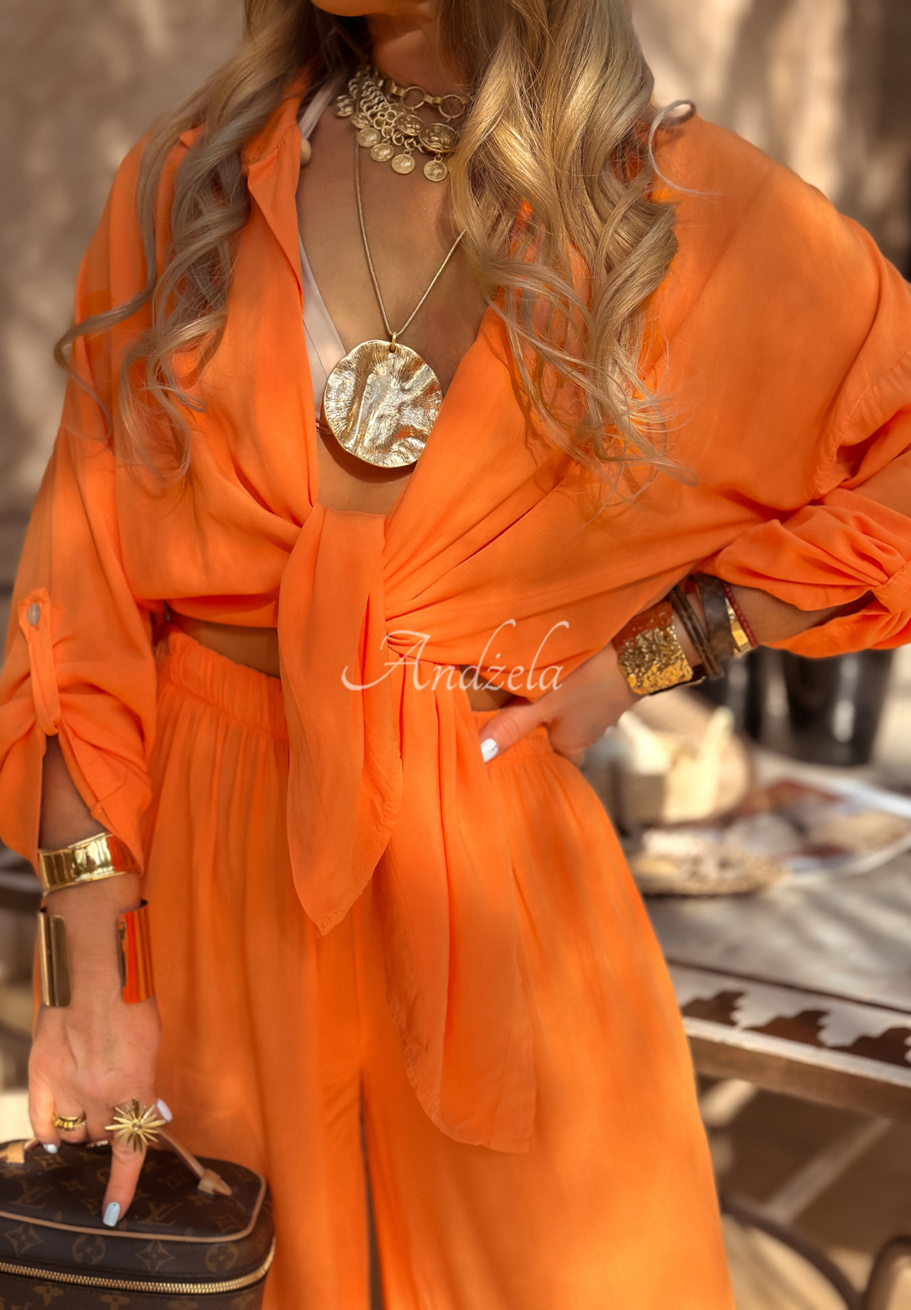 Viscose set wide leg shirt and pants Summer Skies orange