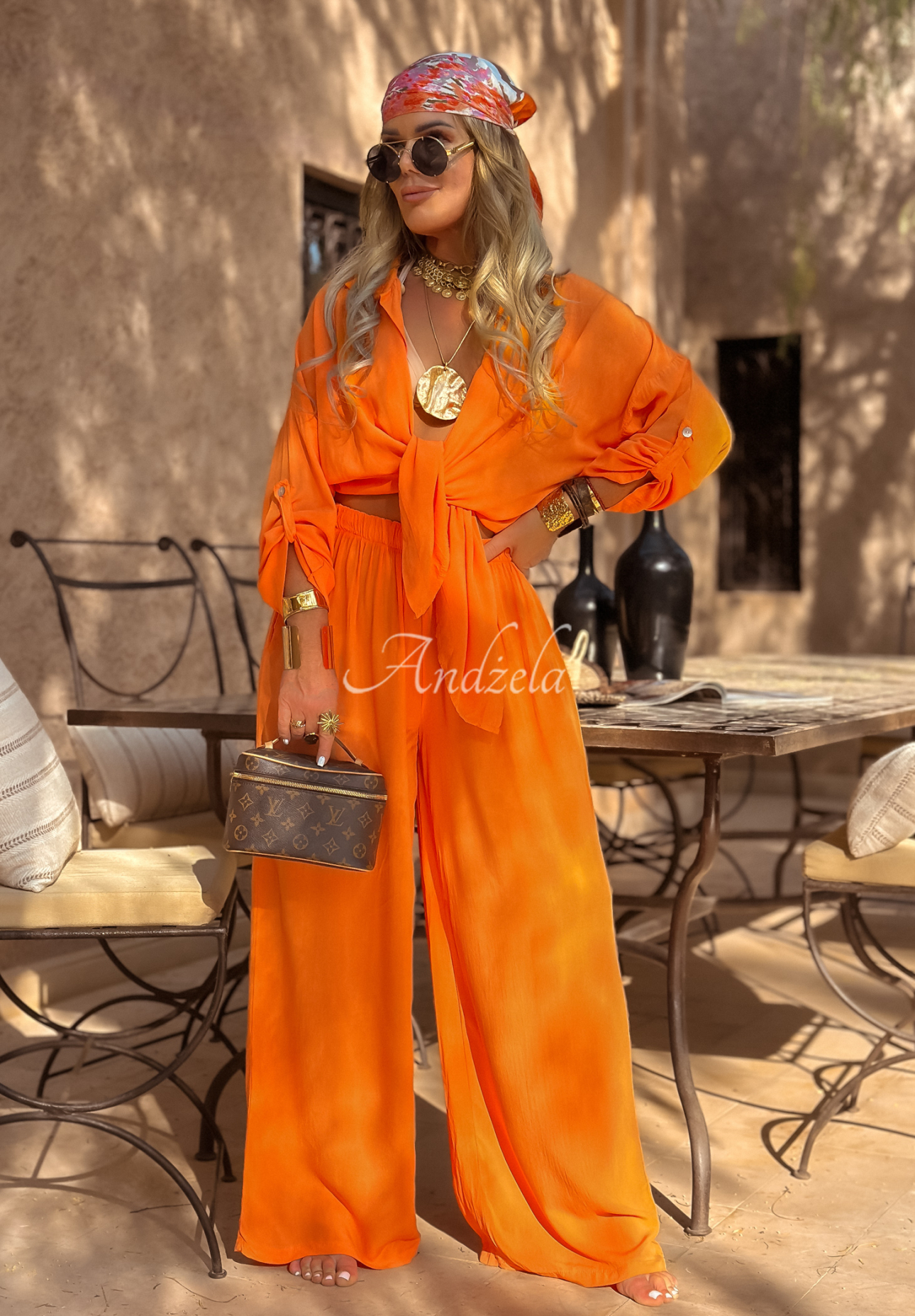 Viscose set wide leg shirt and pants Summer Skies orange