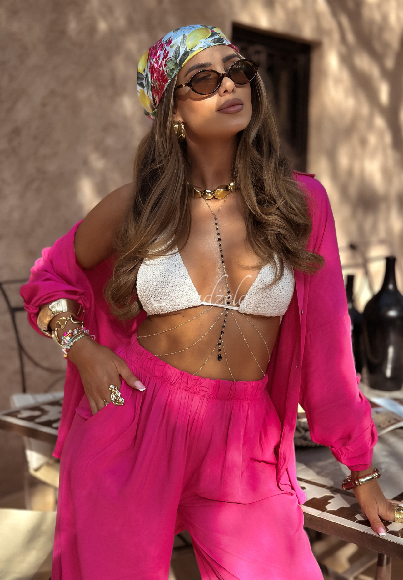 Viscose set wide leg shirt and pants Summer Skies fuchsia