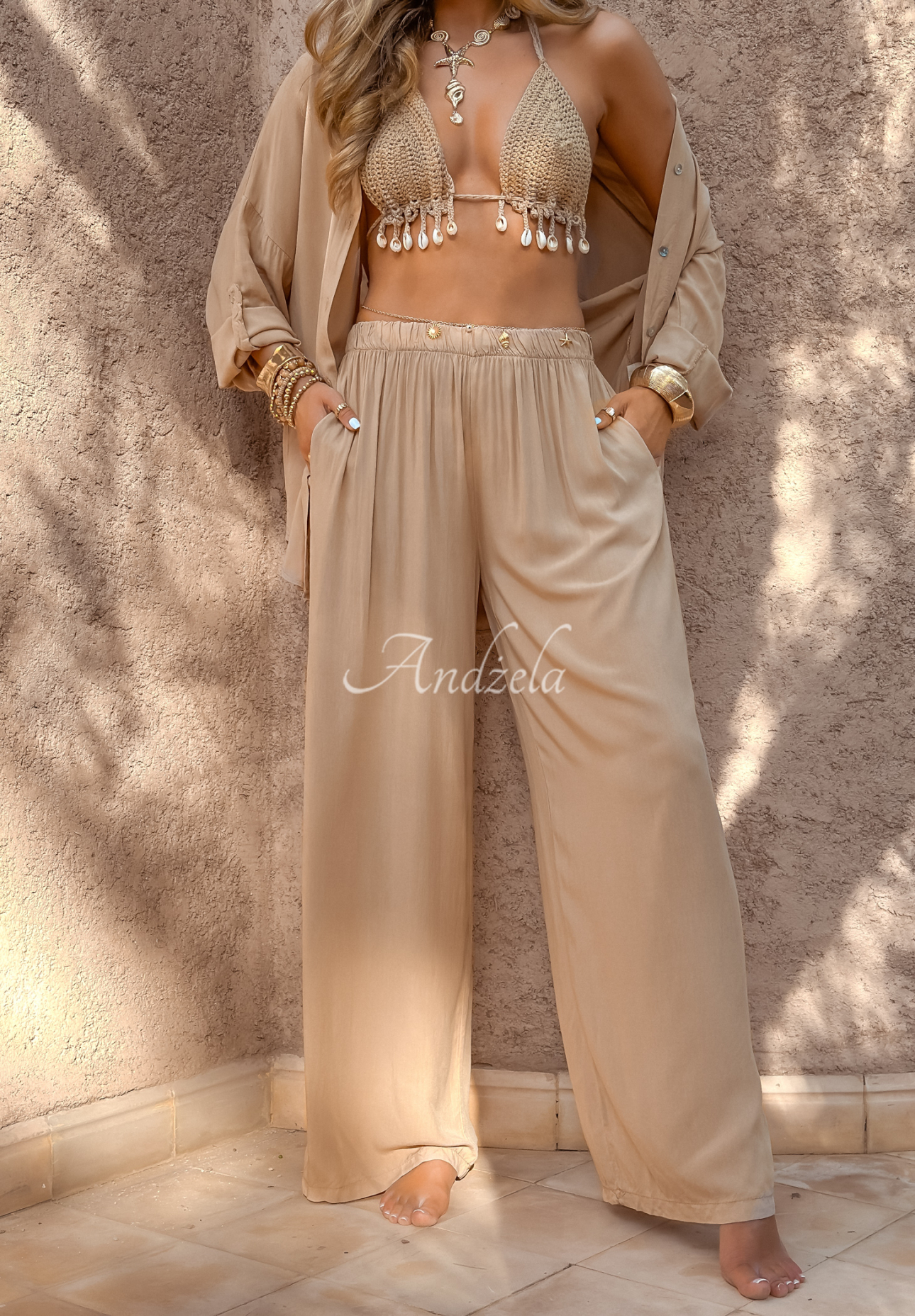 Viscose set wide leg shirt and pants Summer Skies camel