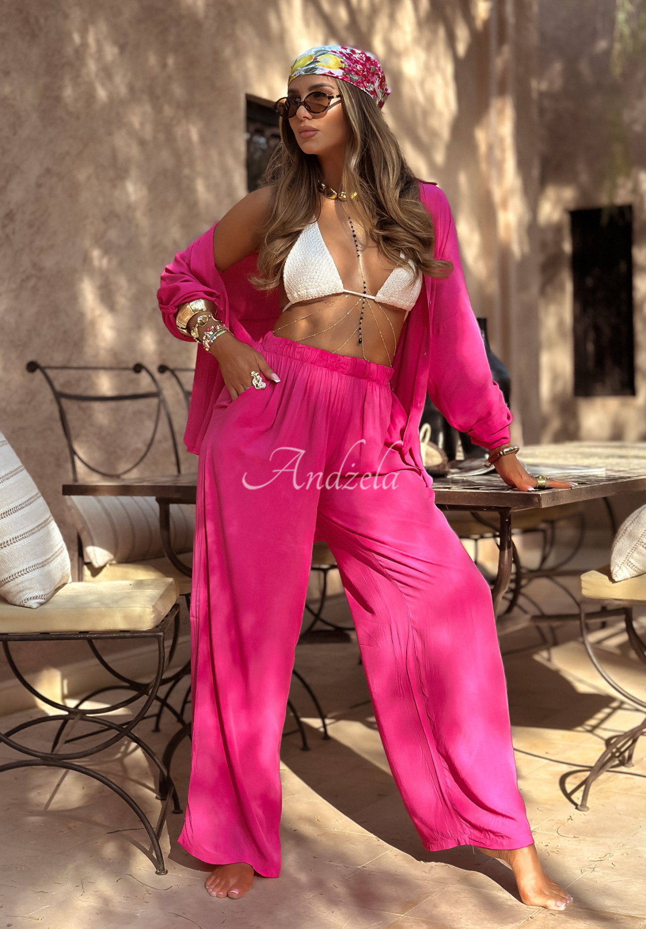 Viscose set wide leg shirt and pants Summer Skies fuchsia