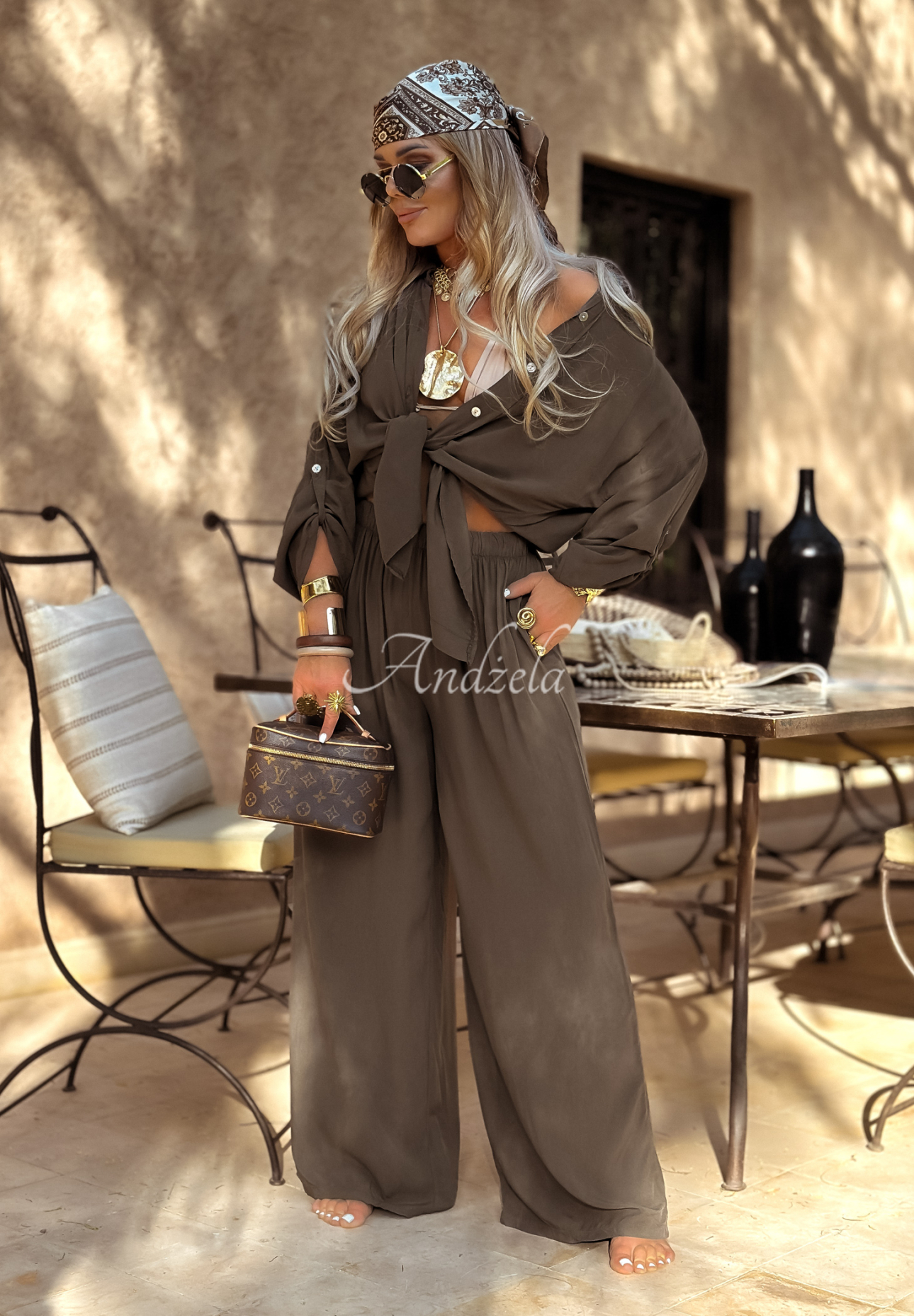 Viscose set wide leg shirt and pants Summer Skies chocolate