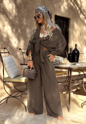 Viscose set wide leg shirt and pants Summer Skies chocolate