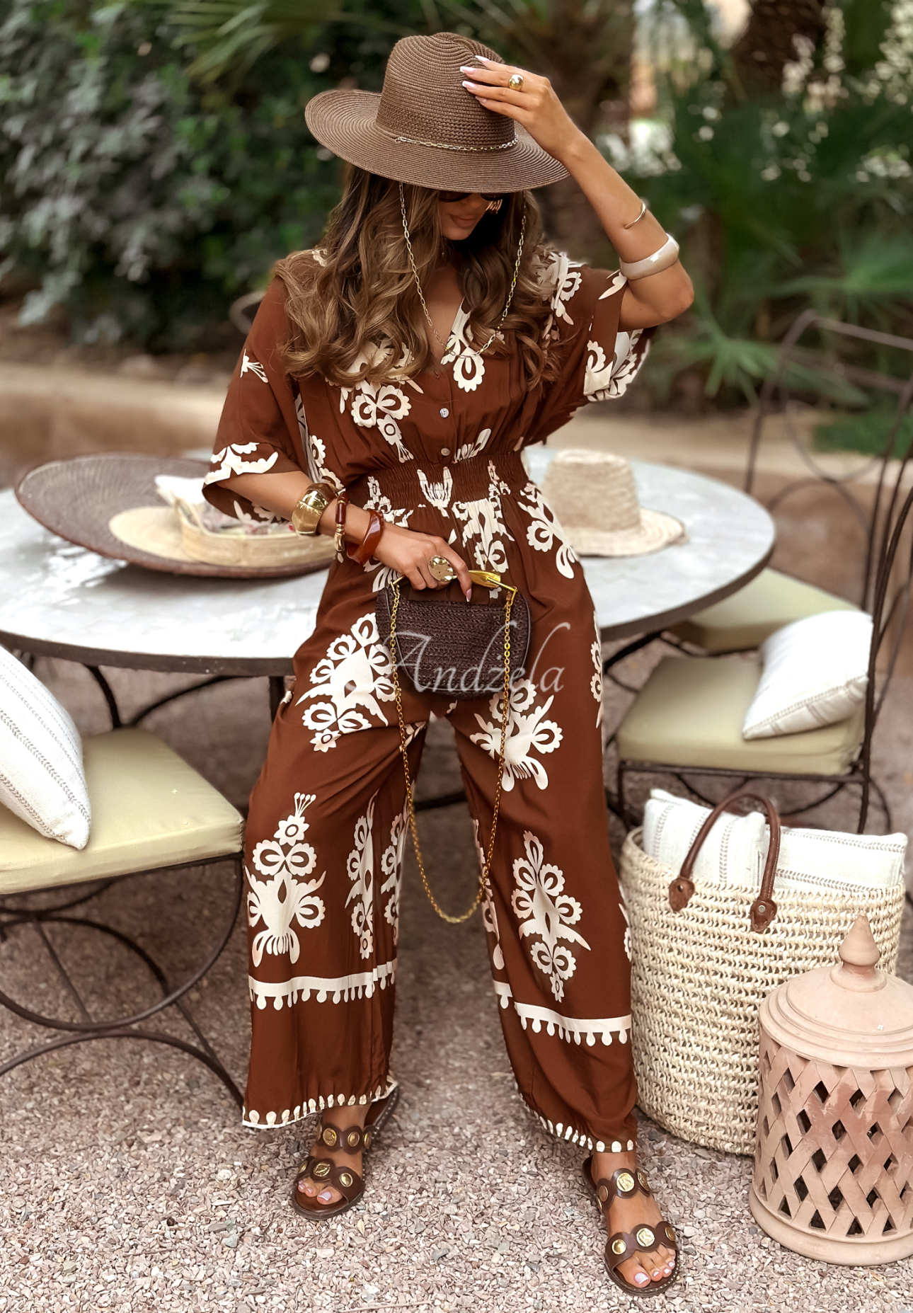 Long viscose patterned jumpsuit Rayna brown and beige