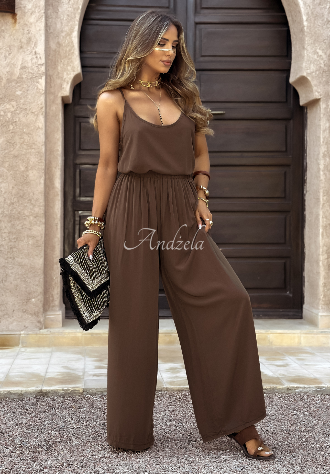 Viscose top and wide leg pants set Summer Is My Favorite chocolate