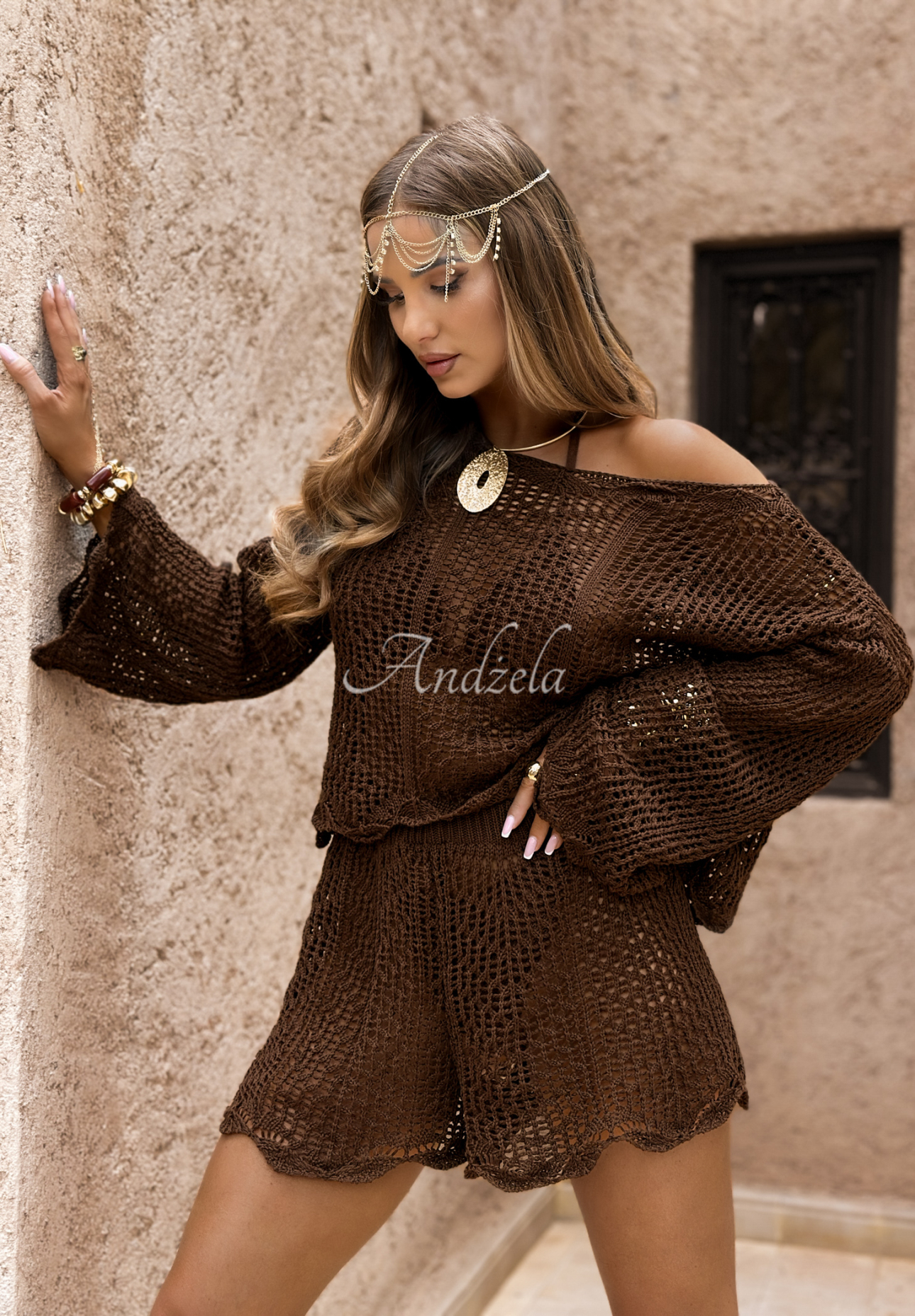 Short openwork boho sweater Morocco by Agata chocolate