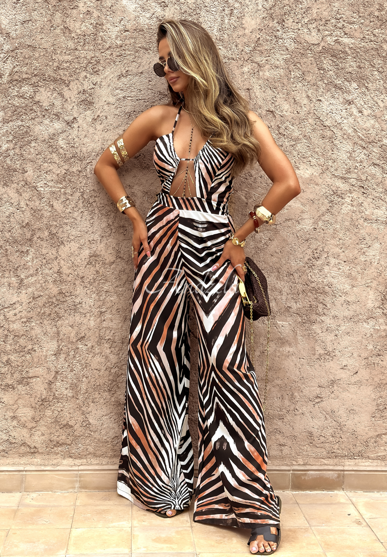 Wildest Stripes black-camel zebra wide leg long jumpsuit