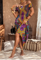 Wzorzysta sukienka z bufkami French Polynesia żółto-fioletowa