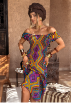 Wzorzysta sukienka z bufkami French Polynesia żółto-fioletowa