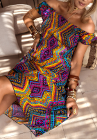 Wzorzysta sukienka z bufkami French Polynesia żółto-fioletowa