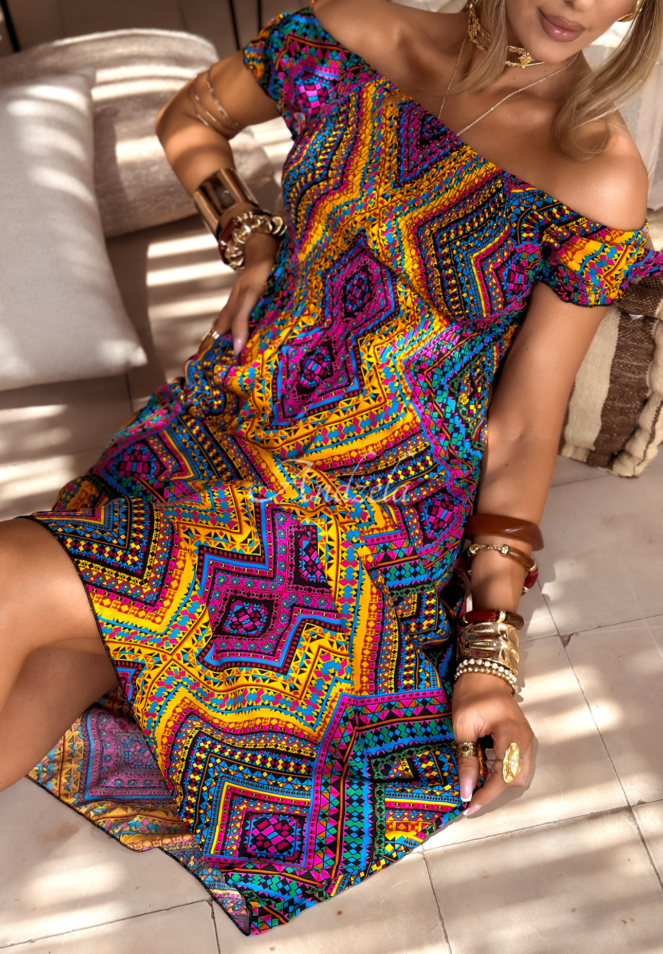 French Polynesia yellow and purple viscose dress with patterned buffets