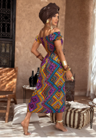 Wzorzysta sukienka z bufkami French Polynesia żółto-fioletowa