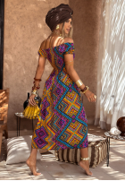 Wzorzysta sukienka z bufkami French Polynesia żółto-fioletowa