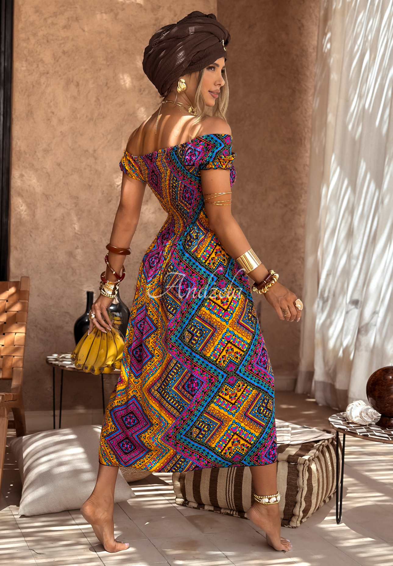 French Polynesia yellow and purple viscose dress with patterned buffets