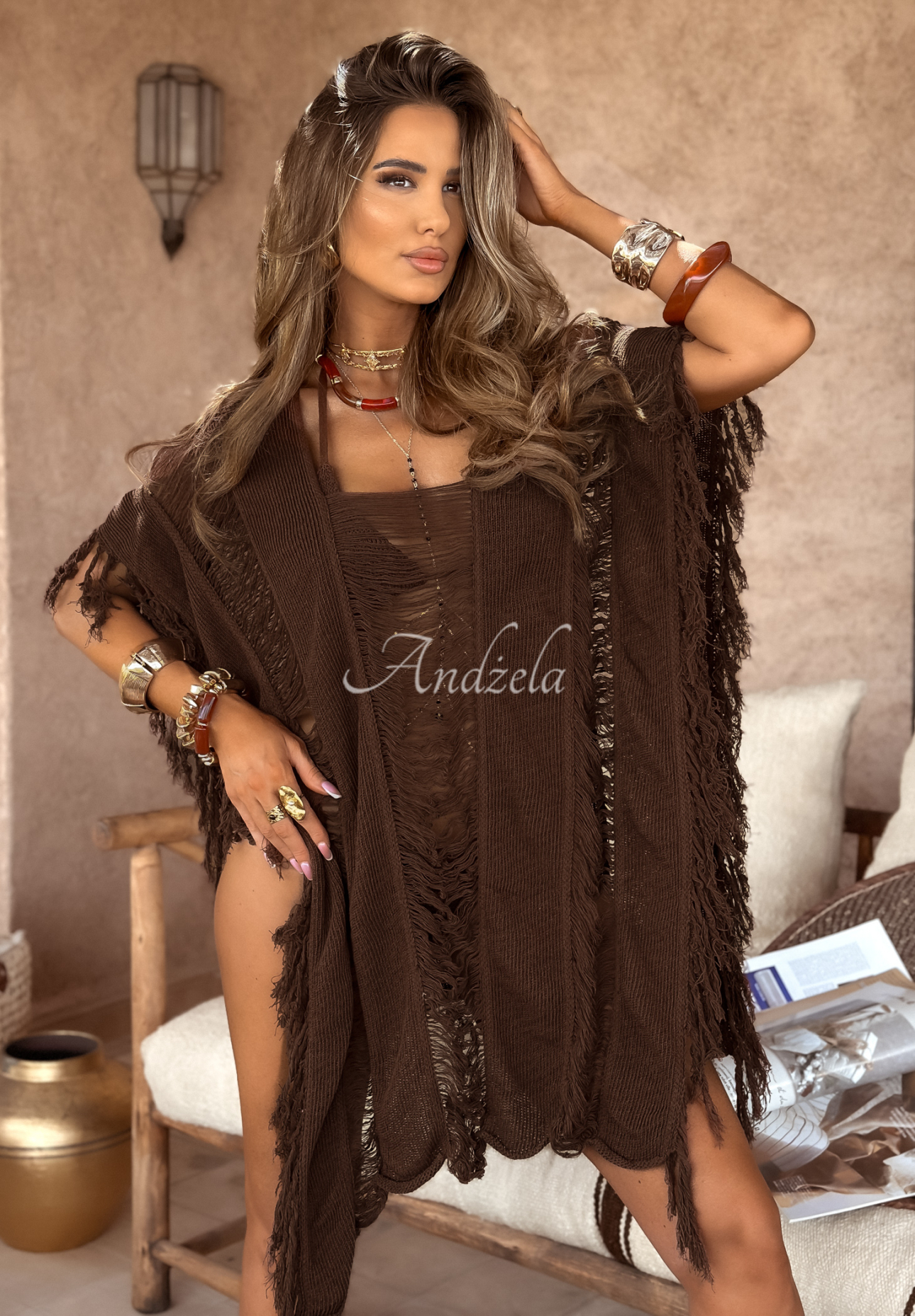 Openwork beach bedspread with boho tassels Agafay Desert chocolate