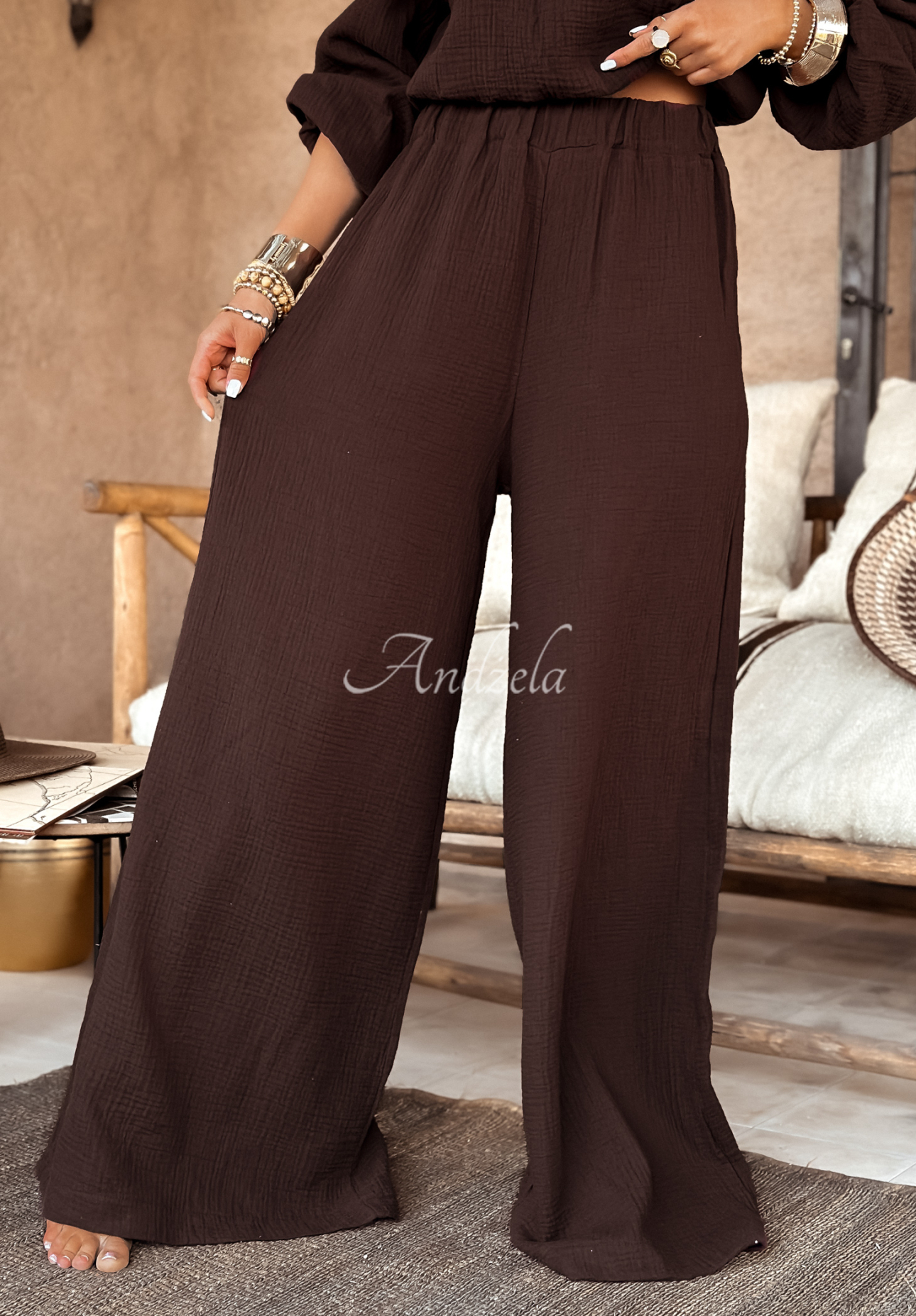 Muslin wide leg pants Malta chocolate