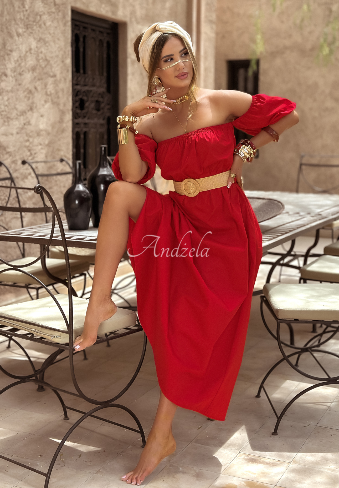 Spanish dress with belt Casablanca red