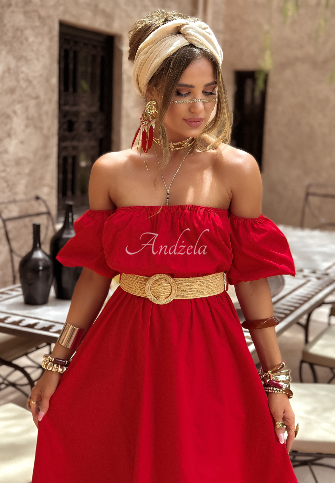 Spanish dress with belt Casablanca red