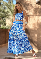 Komplet top na ramiączkach i spódnica we wzory Seychelles biało-niebieski